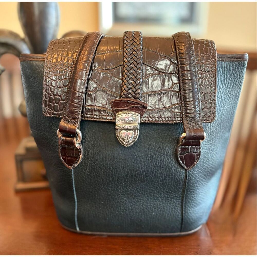 BRIGHTON 🎉2X HP🎉 Vintage Brown & Black Bucket Shoulder Bag/Croc-Embossed Detail - Picture 4 of 14